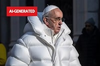 This image of Pope Francis in a huge puffer jacket has signs of being AI-generated, including the way his glasses and their shadow appear on his face.