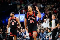 Toronto Raptors' Jontay Porter (34) celebrates after scoring a three pointer, during first half NBA basketball action against the Chicago Bulls, in Toronto on Thursday, January 18, 2024.  The Alcohol and Gaming Commission of Ontario says it's closely monitoring an investigation of Raptors backup centre Porter.THE CANADIAN PRESS/Christopher Katsarov
