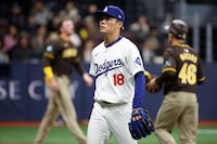 SEOUL, SOUTH KOREA - MARCH 21: Yoshinobu Yamamoto #18 of the Los Angeles Dodgers reacts after the 1st inning during the 2024 Seoul Series game between San Diego Padres and Los Angeles Dodgers at Gocheok Sky Dome on March 21, 2024 in Seoul, South Korea. (Photo by Chung Sung-Jun/Getty Images)
