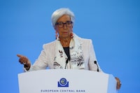 FILE PHOTO: European Central Bank (ECB) President Christine Lagarde speaks to the media following the Governing Council's monetary policy meeting at the ECB headquarters in Frankfurt, Germany, July 27, 2023. REUTERS/Kai Pfaffenbach/File Photo