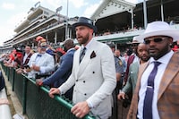 Kansa City Chiefs player Travis Kelce enjoys a race at the 150th running of the Kentucky Derby at Churchill Downs on May 4, 2024 in Louisville, Kentucky. (Photo by LEANDRO LOZADA / AFP) (Photo by LEANDRO LOZADA/AFP via Getty Images)