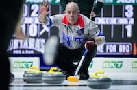 Northwest Territories skip Jamie Koe calls out to the sweepers while playing Prince Edward Island during the Brier, in Regina, Thursday, March 7, 2024. THE CANADIAN PRESS/Darryl Dyck