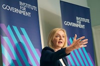 Britain's former prime minister Liz Truss delivers a speech on the economy, at the Institute for Government in London,  Monday, Sept. 18, 2023. (Stefan Rousseau/PA via AP)