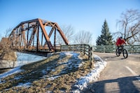 A cyclist exits a converted train bridge which connects downtown Fredericton, NB, with the north side of the city. The popular recreational bridge stretches across the St. John (Wolastoq) River and connects to a large network of trails that extend beyond the city and into the surrounding forests. (01/12/2024)
(Chris Donovan/The Globe and Mail)
�