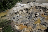 Illegal miners are caught using jets of water to dig for gold, damaging the soil by the edge of the Couto de Magalhaes river, during an operation by members of the Special Inspection Group from the Brazilian Institute of Environment and Renewable Natural Resources (IBAMA) against illegal mining in Yanomami Indigenous land, Roraima state, Brazil, December 3, 2023. The destruction of the rainforest was evident from gaping pits some five meters (16 ft) deep in mining sites cleared of trees, along with dozens of ponds where dredged sludge was pumped into rivers, turning pristine waters a bright orange from the mud.        REUTERS/Ueslei Marcelino     SEARCH "MARCELINO BRAZIL YANOMAMI" FOR THIS STORY. SEARCH "WIDER IMAGE" FOR ALL STORIES.