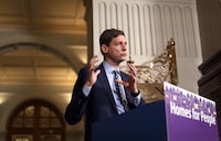 British Columbia Premier David Eby says it's "hard to understand" why other politicians still believe in relying on the private sector to deliver affordable housing and instead it's time for governments to step up. Eby makes an announcement at the legislature in Victoria, Monday, Oct. 16, 2023. THE CANADIAN PRESS/Chad Hipolito
