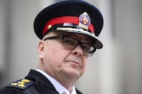 Toronto Police Chief Myron Demkiw speaks to media in Toronto on Sunday, April 21, 2024. Demkiw says he accepts and supports the verdict of the jury that found a man accused of fatally running over a city police officer not guilty in his death. THE CANADIAN PRESS/Christopher Katsarov