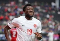 LAS VEGAS, NEVADA - JUNE 15: Alphonso Davies #19 of Canada reacts after scoring a goal against Panama in the second half of their game during the 2023 CONCACAF Nations League semifinals at Allegiant Stadium on June 15, 2023 in Las Vegas, Nevada. Canada defeated Panama 2-0. (Photo by Ethan Miller/Getty Images)