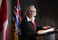 Carolyn Bennett, Minister of Mental Health and Addictions and Associate Minister of Health, pauses during a news conference in Vancouver, on Monday, January 30, 2023. British Columbia is introducing a policy of decriminalization on Tuesday as part of what it says is an overall plan to prevent overdose deaths from illicit drugs. THE CANADIAN PRESS/Darryl Dyck