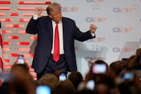 Former President Donald Trump reacts to the crowd after speaking at the California Republican Party Convention Friday, Sept. 29, 2023, in Anaheim, Calif. (AP Photo/Jae C. Hong)
