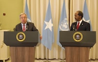 UN Sec General, Antonio Guterres, left with Somalia president Hassan Sheikh Mohamud, right, in Mogadishu Tuesday April 11, 2023. U.N Secretary-General Antonio Guterres has appealed for “massive international support” for Somalia as he visited the East African country that is facing the worst drought in decades. (AP Photo)