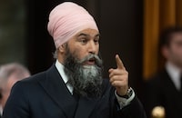 New Democratic Party Leader Jagmeet Singh rises during Question Period, in Ottawa, Monday, April 15, 2024. THE CANADIAN PRESS/Adrian Wyld