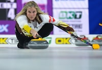 Manitoba skip Jennifer Jones delivers a rock while playing Team Wild Card 2 at the Scotties Tournament of Hearts, in Kamloops, B.C., on Wednesday, February 22, 2023. THE CANADIAN PRESS/Darryl Dyck