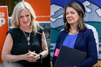 Alberta NDP leader Rachel Notley makes a campaign stop at a backyard party in Calgary, Alta., Friday, May 26, 2023, left, and United Conservative Party leader Danielle Smith makes an election campaign announcement in Calgary, Alta., Friday, May 26, 2023. Albertans go to the polls on May 29. THE CANADIAN PRESS/Jeff McIntosh