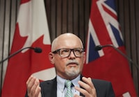 Dr. Kieran Moore, Ontario's chief medical officer of health, speaks at a press conference at Queen’s Park in Toronto on Monday, April 11, 2022. Moore is calling on the provincial government to immediately enact policy that will restrict access to alcohol, vapes and cannabis as the number of people who have died or visited a hospital due to polysubstance use has spiked in recent years.THE CANADIAN PRESS/Nathan Denette