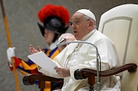 Pope Francis holds a weekly general audience, at the Vatican, December 13, 2023. Vatican Media/­Handout via REUTERS    ATTENTION EDITORS - THIS IMAGE WAS PROVIDED BY A THIRD PARTY.