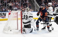 Los Angeles Kings goalie Cam Talbot (39) is scored on by Edmonton Oilers' Adam Henrique (19) during second period NHL action in Edmonton on Thursday March 28, 2024. THE CANADIAN PRESS/Jason Franson