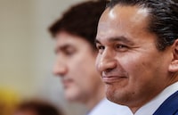 Manitoba Premier Wab Kinew, with Prime Minister Justin Trudeau, smiles as they attend nursing and paramedic programs at Red River College Polytechnic in Winnipeg, Thursday, Feb. 15, 2024. Kinew has set April 2 as budget day this year. THE CANADIAN PRESS/John Woods