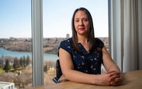 Saskatchewan Teachers’ Federation president Samantha Becotte sits for a photograph in Saskatoon on Friday, April 26, 2024. Saskatchewan teachers are wrapping up voting on whether to accept a three-year labour contract from the province. THE CANADIAN PRESS/Heywood Yu