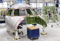 A Bombardier Challenger 650 aircraft cockpit is shown under construction at Bombardier's Challenger manufacturing plant in Montreal, Wednesday, April 5, 2023.