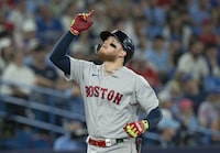 Boston Red Sox Alex Verdugo celebrates as he rounds the bases on his game winning solo homer during ninth inning American League MLB baseball action against the Toronto Blue Jays, in Toronto, Sunday, July 2, 2023. THE CANADIAN PRESS/Frank Gunn