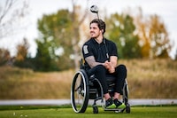 Humboldt Broncos bus crash survivor Ryan Straschnitzki pauses during a paragolf lesson in Calgary, Alta., Tuesday, Sept. 28, 2021. Nearly five years in a wheelchair has given former Humboldt Broncos player Ryan Straschnitzki a unique perspective as he embarks on a new path forward of making buildings more accessible for the disabled. THE CANADIAN PRESS/Jeff McIntosh