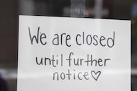 Business insolvencies more than doubled in January compared with a year earlier, and far surpassing pre-pandemic levels for the month. A sign on a shop window indicates the store is closed in Ottawa, Monday March 23, 2020. THE CANADIAN PRESS/Adrian Wyld