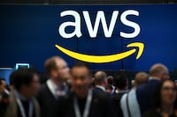FILE PHOTO: An Amazon Web Services (AWS) logo is pictured during a trade fair in Hannover Messe, in Hanover, Germany, April 22, 2024.  REUTERS/Annegret Hilse/File Photo