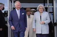 Prince Charles and Camilla, Duchess of Cornwall, and Canada Gov.-Gen Mary Simon (right) leave a welcoming ceremony in St. John's as they arrive for a Royal visit to Canada on Tuesday, May 17, 2022. THE CANADIAN PRESS/Paul Chiasson