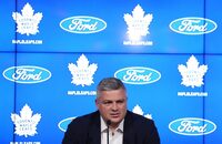Toronto Maple Leafs coach Sheldon Keefe speaks to media during an end-of-season availability in Toronto, on Monday, May 15, 2023. The Maple Leafs were eliminated from the NHL playoffs by the Florida Panthers on Friday. THE CANADIAN PRESS/Nathan Denette