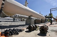 FILE - Nuts, bolts and fittings are ready to be added to the east leg of the pipeline near St. Ignace, Mich., as Enbridge Inc., prepares to test the east and west sides of the Line 5 pipeline under the Straits of Mackinac in Mackinaw City, Mich., June 8, 2017. Michigan attorneys pressed a federal appellate panel Thursday, March 21, 2024, to move their lawsuit seeking to shut down the portion of an aging pipeline running beneath the Straits of Mackinac from federal to state court, arguing that the state's environmental protection laws are in play. (Dale G Young/Detroit News via AP, File)