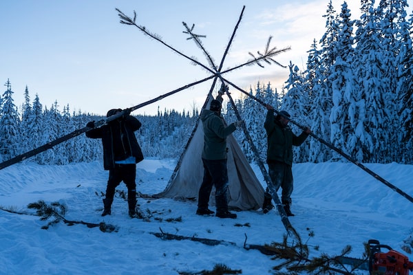 CAPTION UPDATED FEB. 5, 2021: Supporters of Wet’suwet’en Nation hereditary chiefs set up a canvas tent along a remote logging road near Houston, B.C., in January, 2020. The road leads to a crucial bridge where barricades had been erected to protest Coastal GasLink’s natural gas pipeline project, which crosses the Wet’suwet’en’s unceded traditional territory. Wet’suwet’en hereditary chiefs signed a memorandum of understanding in May, 2020, to have the federal and B.C. governments recognize their Indigenous governance system, but the dispute over the pipeline’s ongoing construction remains unresolved.
