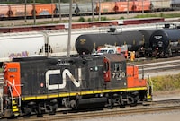 CN rail trains are shown at the CN MacMillan Yard in Vaughan, Ont., on Monday, June 20, 2022.