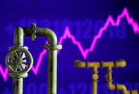 FILE PHOTO: Model of natural gas pipeline and rising stock graph, July 18, 2022. REUTERS/Dado Ruvic/Illustration/File Photo
