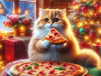 Image of a cat eating pizza in a Christmas scene created using the Dall-E AI image generator.