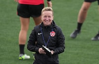 Canada coach Bev Priestman looks on during a training session at the FIFA Women's World Cup in Melbourne, Australia, Sunday, July 30, 2023. THE CANADIAN PRESS/Scott Barbour