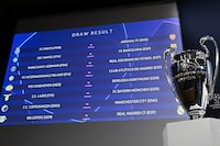 The results are displayed on a screen next to the UEFA Champions League cup at the end of the 2023-2024 UEFA Champions League football tournament round of 16 draw at the House of European Football in Nyon, on December 18, 2023. (Photo by Fabrice COFFRINI / AFP) (Photo by FABRICE COFFRINI/AFP via Getty Images)