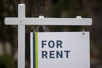 A rental sign is seen outside a building in Ottawa, Thursday, April 30, 2020. A new report says the average listed rent for all property types in Canada jumped by 10.7 per cent year-over-year in January, the ninth straight month for double-digit increases.THE CANADIAN PRESS/Adrian Wyld