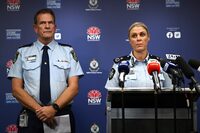 Australian Federal Police Deputy Commissioner Krissy Barrett along with NSW Police Deputy Commissioner David Hudson speak to media during a news conference after a number of search warrants were executed by the Joint Counter Terrorism Team this morning in Sydney, Australia April 24, 2024.  AAP/Dan Himbrechts/via REUTERS    ATTENTION EDITORS - THIS IMAGE WAS PROVIDED BY A THIRD PARTY. NO RESALES. NO ARCHIVE. AUSTRALIA OUT. NEW ZEALAND OUT. NO COMMERCIAL OR EDITORIAL SALES IN NEW ZEALAND. NO COMMERCIAL OR EDITORIAL SALES IN AUSTRALIA.