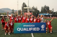 Team Canada celebrates their gold medal win over Team Mexico following the women's gold medal match at the Rugby Sevens Paris 2024 Olympic qualification event at Starlight Stadium in Langford, B.C., on Sunday, August 20, 2023. THE CANADIAN PRESS/Chad Hipolito 