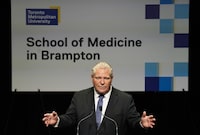 <p>Ontario Premier Doug Ford speaks as he holds a press conference regarding the Toronto Metropolitan University's new School of Medicine in Brampton., Ont., on Friday, January 27, 2023.Ford says he wants to get rid of international students studying in the province. THE CANADIAN PRESS/Nathan Denette</p>