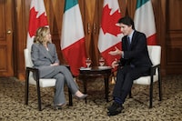 Canadian Prime Minister Justin Trudeau, right, meets with Prime Minister of Italy Giorgia Meloni in Toronto on Saturday, Mar. 2, 2024.&nbsp;In a joint statement, the two prime ministers say the agreement will further deepen their countries' political, economic, and strategic ties by setting out plans to collaborate over the next three to five years in priority areas. THE CANADIAN PRESS/Cole Burston