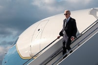 U.S. President Joe Biden disembarks from Air Force One at Dover Air Force Base, in Dover, Delaware, U.S., April 12, 2024. REUTERS/Michael A. McCoy