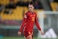 FILE - Spain's Jennifer Hermoso reacts after missing a scoring chance during the Women's World Cup Group C soccer match between Japan and Spain in Wellington, New Zealand, Monday, July 31, 2023. Spanish state prosecutors say soccer player Jenni Hermoso has accused Luis Rubiales of sexual assault for kissing her on the lips without her consent after the Women's World Cup final. (AP Photo/John Cowpland, File)