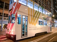 Hong Kong Public tram advertising the first Gay Games 2023 to be held in Asia, Hong Kong, China. (Photo by: Bob Henry/UCG/Universal Images Group via Getty Images)
