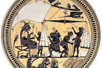 King Arcesilaus of Cyrenaica overseeing the packaging of silphium (the country's main source of income) into ships for export. Gouache painting by S.W. Kelly, 1937,after a Spartan cylix, c. 580-550 B.C. (Wellcome Collection)