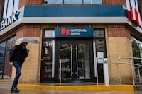 A National Bank branch on King Street East in Toronto. The Montreal-based bank’s profit jumped 111 per cent year over year to $800-million, adding to a streak of outsized earnings reported by Canada’s major banks this week.
May 28, 2021 
(Melissa Tait / The Globe and Mail)