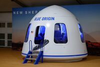FILE PHOTO: A replica of the astronaut capsule is displayed at the Blue Origin site, on the day the Blue Origin's rocket New Shepard blasts off on billionaire Jeff Bezos's company's fourth suborbital tourism flight with a six-person crew near Van Horn, Texas, U.S., March 31, 2022. REUTERS/Ivan Pierre Aguirre/File Photo
