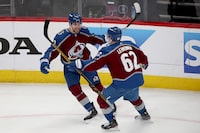 DENVER, COLORADO - APRIL 20:  Devon Toews  #7 of the Colorado Avalanche celebrates with Artturi Lehkonen #62 after scoring the go ahead goal against the Seattle Kraken in the third period in Game Two of the First Round of the 2023 Stanley Cup Playoffs at Ball Arena on April 20, 2023 in Denver, Colorado. (Photo by Matthew Stockman/Getty Images)