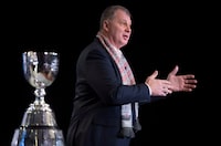 CFL Commissioner Randy Ambrosie addresses the media during the State of the League news conference at Grey Cup week in Edmonton, Friday, November 23, 2018. The Ottawa Redblacks will play the Calgary Stampeders in the 106th Grey Cup on Sunday. THE CANADIAN PRESS/Jonathan Hayward